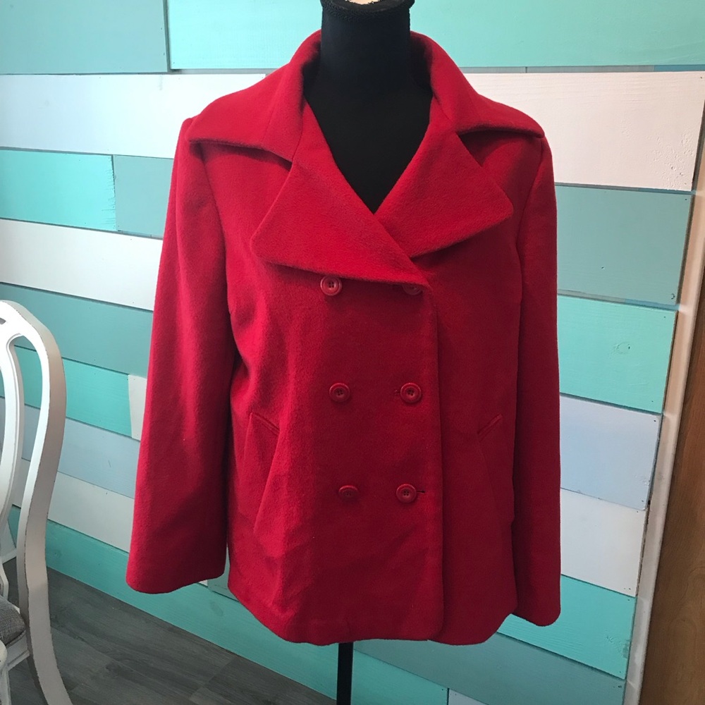North Style Red Peacoat Double Breast, Pleated Back Coat Wool Blend-Used Cond